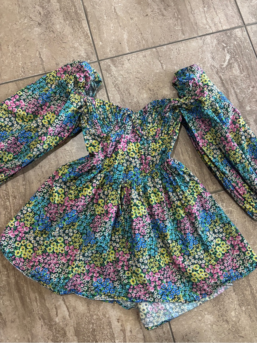For Love & Lemons Ruth multicoloured floral mini dress with long sleeves and tie